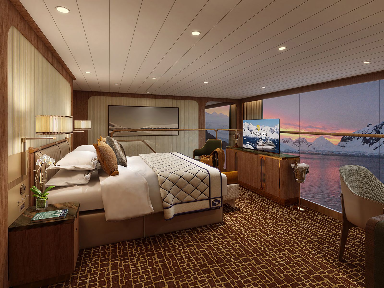 Cruise ship suite cabin with bed and large window