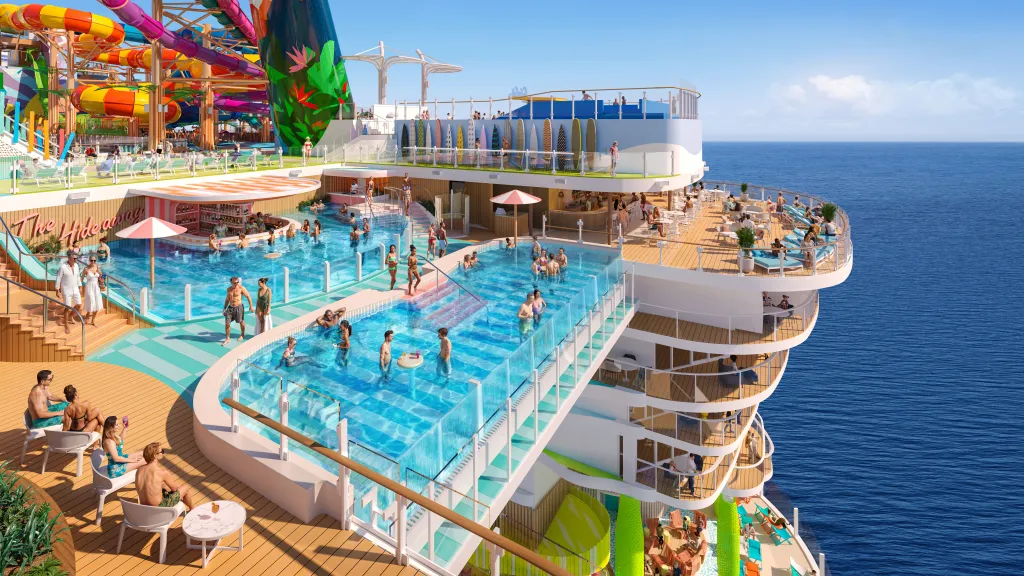 Cruise ship pool deck and waterpark at sea