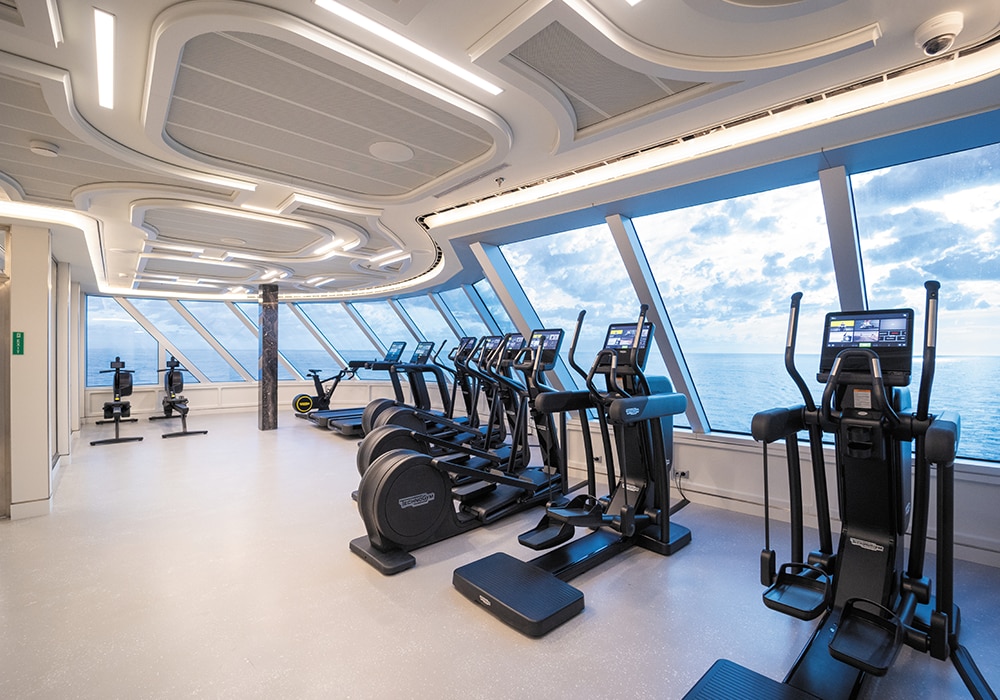 Cruise ship fitness center with ocean views